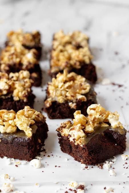 brownie with popcorn ganache